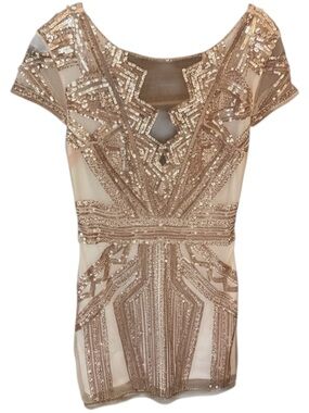 Verty Champagne/Gold Sequin Embellished Cap-Sleeve Art Deco Dress Size L